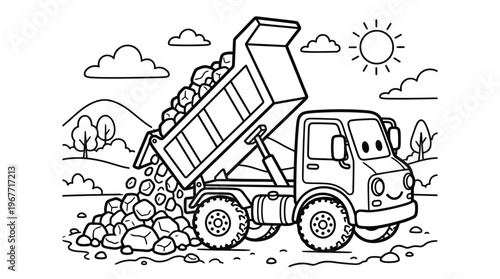 Cartoon dump truck with rocks.