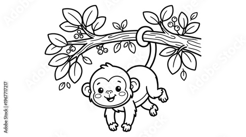 Monkey hanging from tree branch smiling.