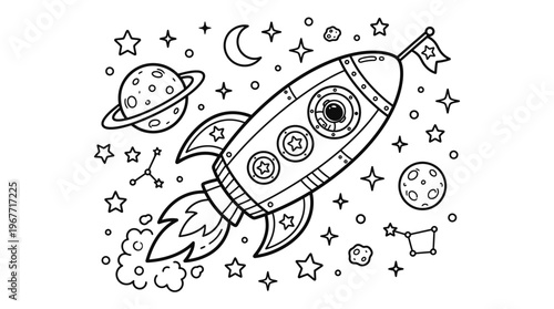 Space Rocket Ship Traveling Through Cosmos.