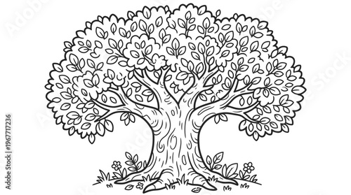 Tree with thick trunk and leaves.