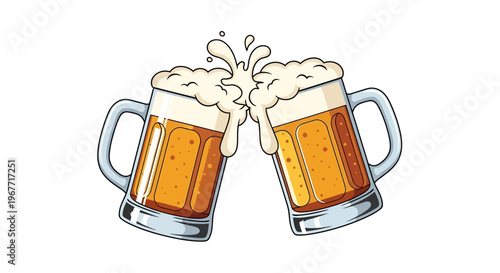 Two Mugs of Beer Together Cheers. Vector Illustrations. EPS Editable