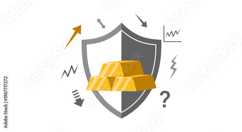 Shield Protecting Gold Bars Safely. Vector Illustrations. EPS Editable