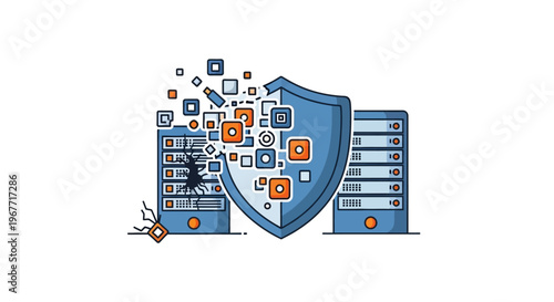Shield Protecting Server and Database. Vector Illustrations. EPS Editable