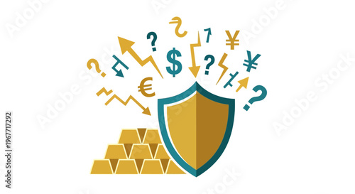 Shield Protecting Gold Coins and Currency. Vector Illustrations. EPS Editable