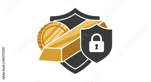 Shield with lock and gold coin. Vector Illustrations. EPS Editable