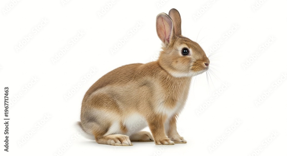Obraz premium A cute brown rabbit sitting on a white background looking to the side