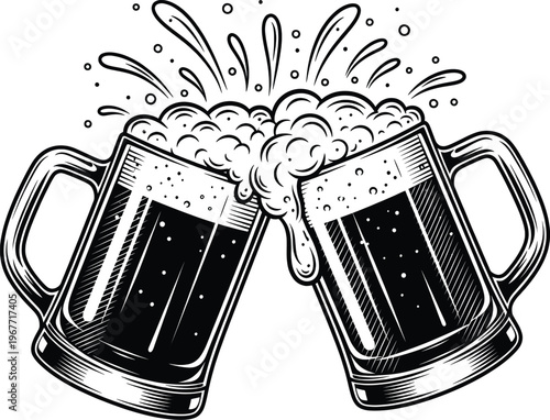 Two mugs of beer clinking together in a celebratory toast Vector