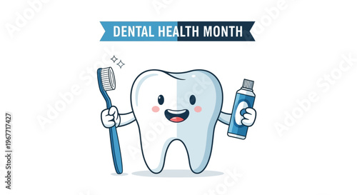 Smiling cartoon tooth character with toothbrush. Vector Illustrations. EPS Editable