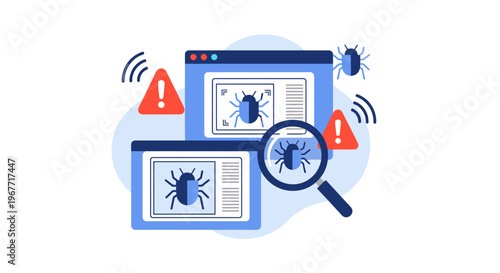 Software Bug Detection and Debugging Process with Magnifying Glass and Alert Symbols. Vector Illustrations. EPS Editable