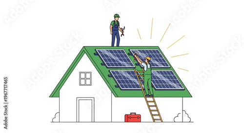 Solar Panel Installation on House Roof. Vector Illustrations. EPS Editable