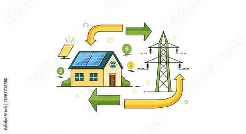 Solar powered residential energy system. Vector Illustrations. EPS Editable