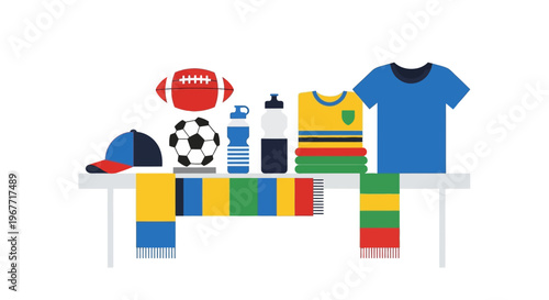 Sports equipment on a table. Vector Illustrations. EPS Editable