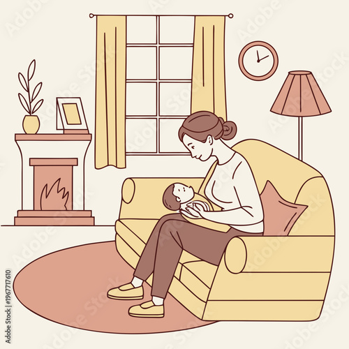 A mother breastfeeding her baby on a couch in a cozy living room