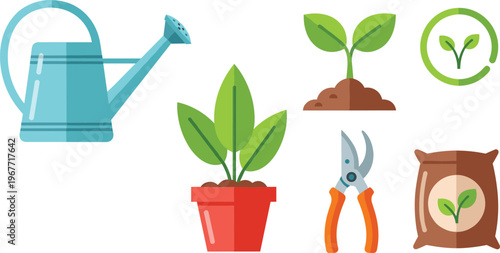 Gardening and Plant Care Icon Set with Watering Can, Seedling, Pruning Tools and Organic Soil Elements Flat Vector Collection Isolated on White Background