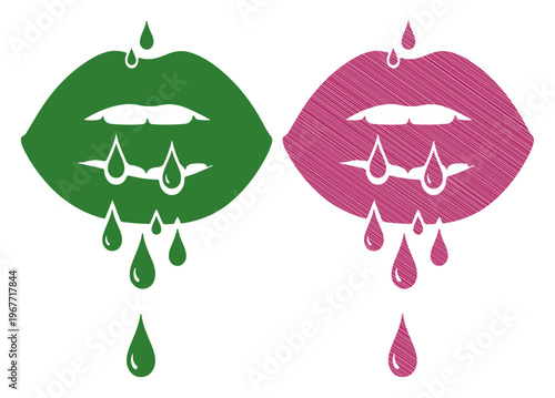 Two stylized lips with dripping liquid, symbolizing desire or thirst.