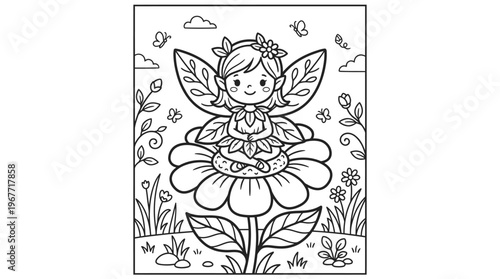 Smiling fairy sitting on flower.