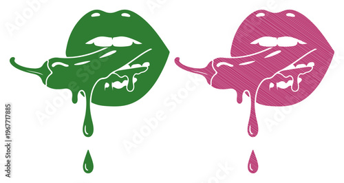 Vibrant lips with a spicy chili pepper and dripping sauce, symbolizing heat and flavor.