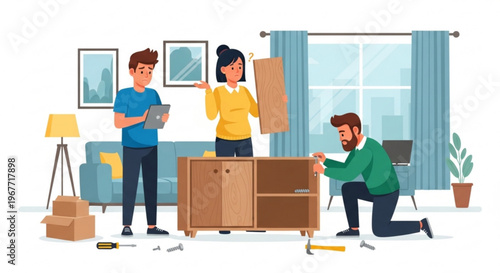 People assembling furniture in a modern living room with a man kneeling and two others standing nearby