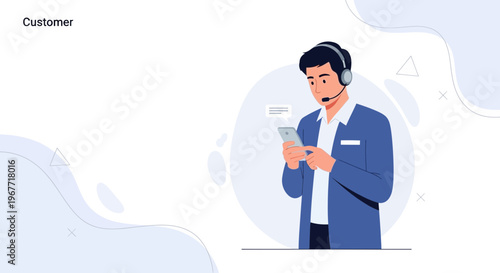 Customer service agent with headset and smartphone, communication and support concept