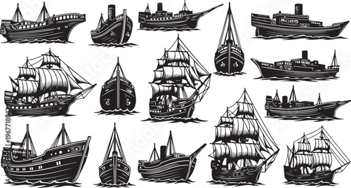 Collection of various vintage sailing ships and boats illustrations