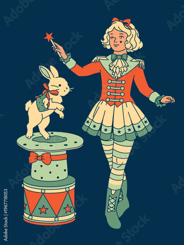 Charming circus girl performing a magic trick with a top hat and bunny rabbit. Vintage magician isolated on dark background for carnival and show designs.