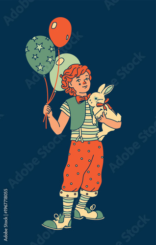 Playful child clown holding balloons and a cute rabbit, isolated on dark background. Vintage circus performer illustration for kids and carnival themes.