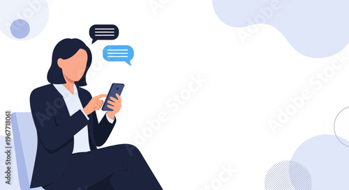 Businesswoman texting on smartphone, communication, chat bubbles, modern office background
