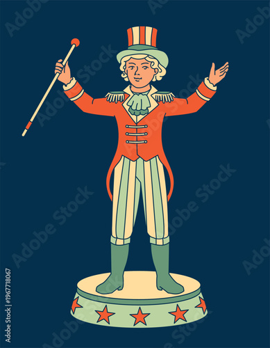 Cheerful circus ringmaster standing on a pedestal, isolated on dark background. Vintage showman in top hat and costume for entertainment and carnival themes.