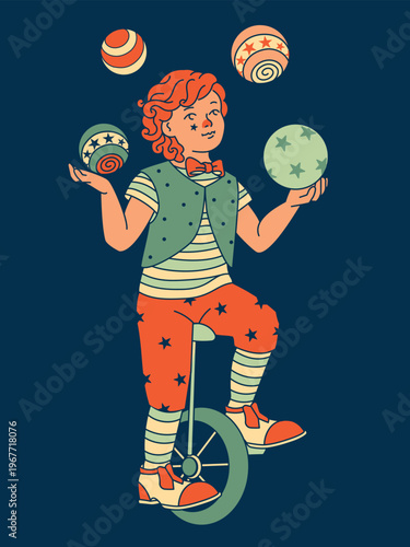 Vintage circus clown juggling balls while riding a unicycle. Isolated performer illustration for carnival, entertainment, and balancing act designs.