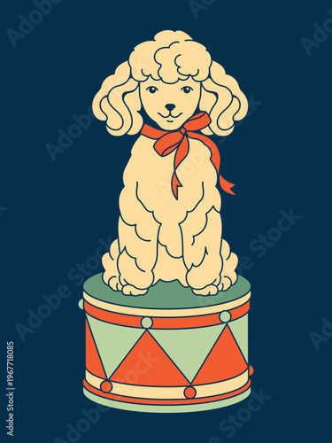 Adorable playful circus poodle sitting on a drum. Vintage clip art element isolated for carnival, animal performer, and classic circus-themed designs.