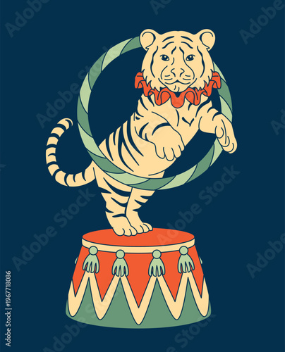 Cheerful tiger jumping through a fiery hoop in a circus performance. Vintage isolated playful clip art for carnival, wild animal, and show themes.