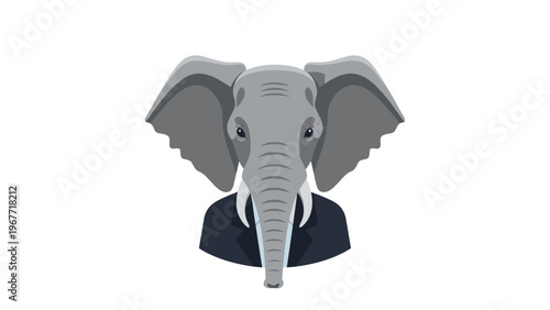 Flat illustration of an elephant head wearing a suit on a white background with a professional mood.