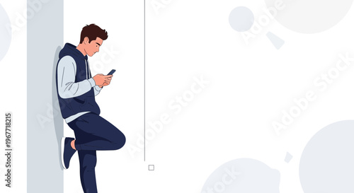 Young Man Leaning on Wall Texting on Smartphone, Casual Style, Modern Lifestyle