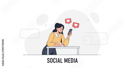 Woman using smartphone with social media likes and notifications, modern illustration