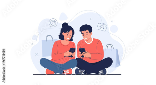 Couple Using Smartphones Together, Online Shopping, Social Media, Communication