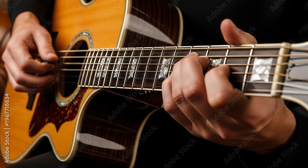 Fototapeta premium Close-up shot showcasing acoustic guitar being played with hands strumming