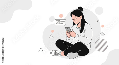 Young woman sitting cross-legged, looking at her smartphone, with a chat bubble icon.