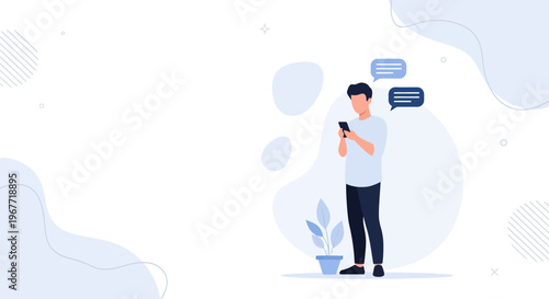 Man texting on phone with chat bubbles, modern flat illustration, communication concept