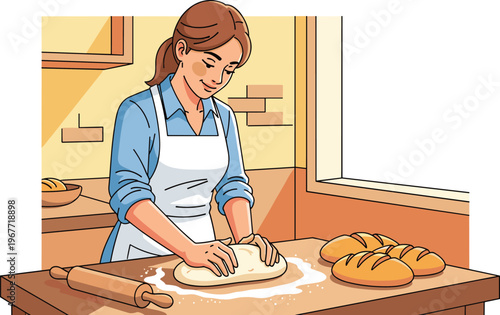 Woman baking bread kneading dough on kitchen table with fresh loaves, homemade bakery and cooking concept minimal flat illustration with warm kitchen interior.