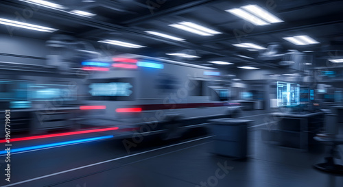Blurred motion of train in station.