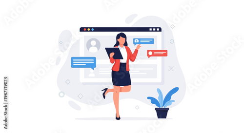 Businesswoman with tablet interacting with online chat messages on a computer screen