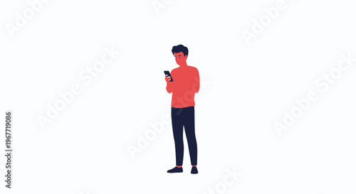 Man in Red Shirt Using Smartphone on White Background