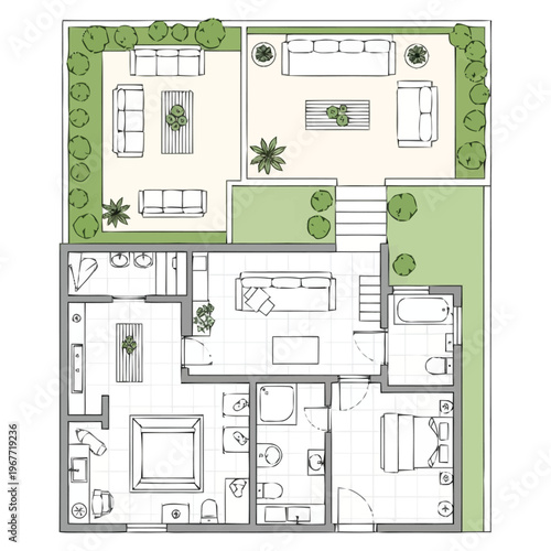 Detailed Architectural Floor Plan Layout With Outdoor Living Space Design For Modern Residental Home Showing Interior Rooms And Exterior Landscaping