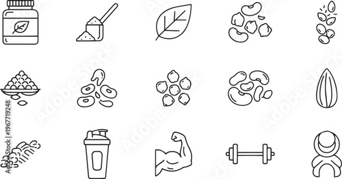 Vegan protein powder nutrition fitness plant based health icons collection