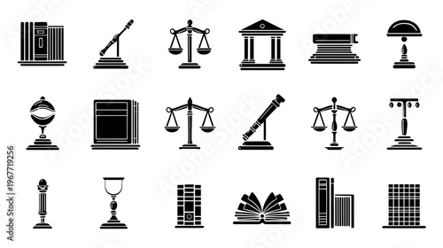 Law and Justice Icons Set. Collection of legal system, knowledge, education, and academic black silhouette symbols.