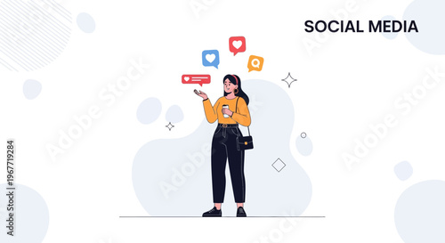 Young Woman with Coffee and Social Media Icons: Likes, Comments, Notifications