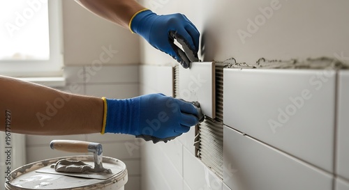Craftsman applying ceramic tiles to the wall in a bathroom renovation