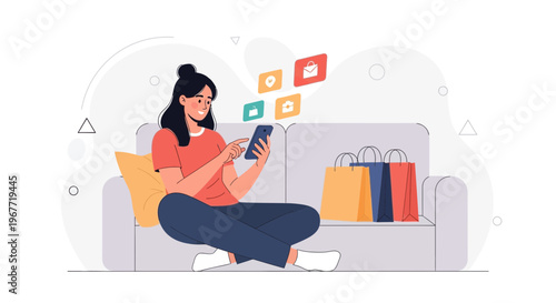 Woman shopping online on smartphone, sitting on sofa with shopping bags and icons