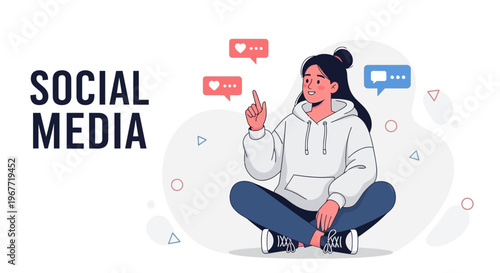 Young woman using social media, likes and messages icons floating around her