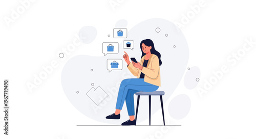 Woman using smartphone with shopping bags icons, online shopping concept